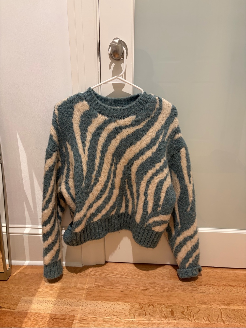 Zara Teal and Cream Zebra-Print Crewneck Sweater